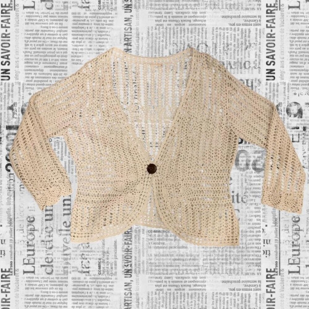 Cream crochet cardigan with single button closure